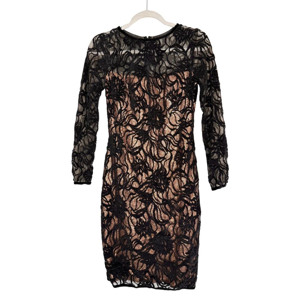Tadashi Shoji Vita Sequin Floral Lace Over Bodycon Mini Dress 2 Black Sheath - Picture 2 of 13